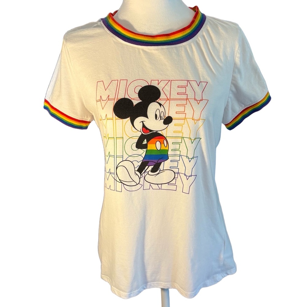 Disney Parks T-Shirt Women's Size M White Graphic Tee Mickey Mouse Rainbow Pride
